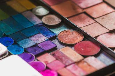 close up of a colorful make up palette of eye shadows and blushes