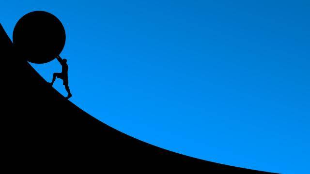 Illustration of a silhouetted man rolling a big boulder up a hill, on a blue background. 
