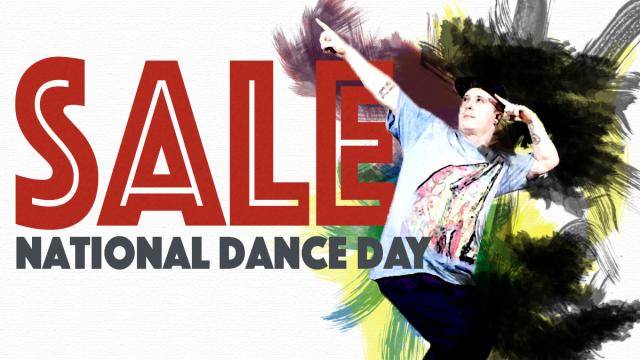 Sale written in red, and "National Dance day" in grey underneath with Dejan Tubic pointing up.