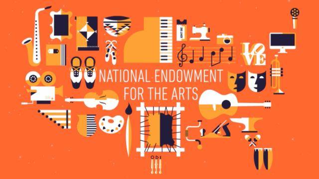 National Enowment for the Arts on an orange background with illustrations of arts elements, such as musical instruments, theatre masks, and dance shoes.